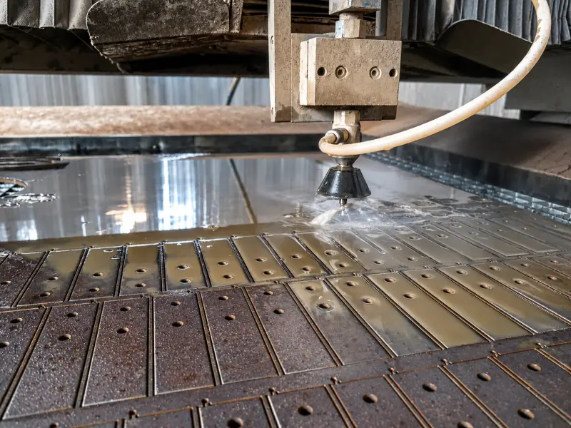 Řezací hlava CNC vodního paprsku při řezání plechu na roštu pracovního stolu